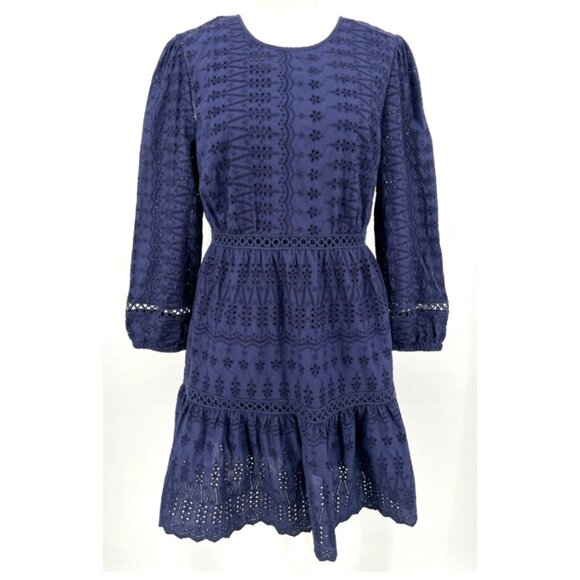 J. Crew Dresses & Skirts - J Crew A Line Dress 10 Tall Navy Blue Eyelet Puff Long Sleeve Cotton Washable